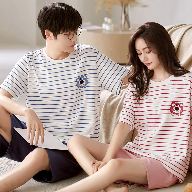 New Couple Short-Sleeved Shorts Pajamas Women's Summer Thin Combed Cotton Men's Home Wear Suit Loose Casual Cartoon