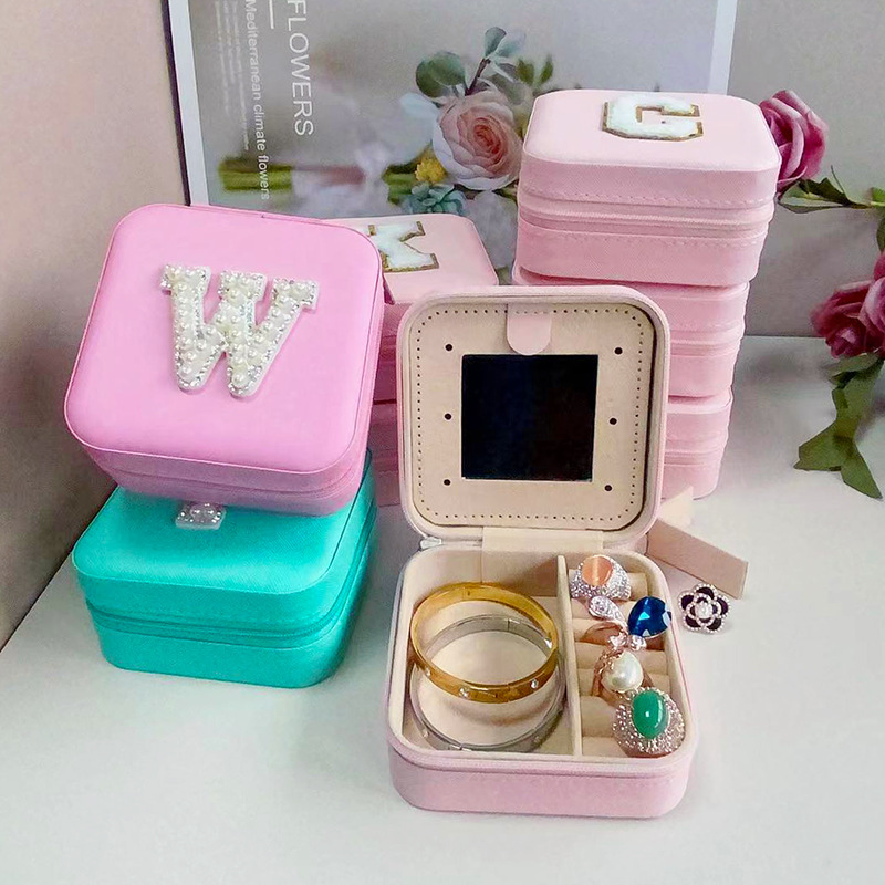 Minimalist Mirror Portable Palm Jewelry Box Ring Earring Storage Box Zipper Flip Travel Trinket Box Wholesale