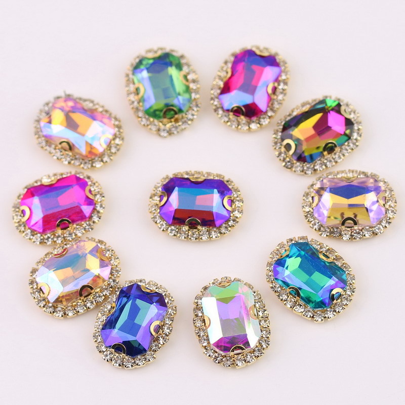 Rectangular Octagonal Glass AB Colorful Crystals Buckle Claw Chain Surrounding Border Four Holes Hand Sewing Drill Decorative Diamond DIY Clothing Accessories Wholesale