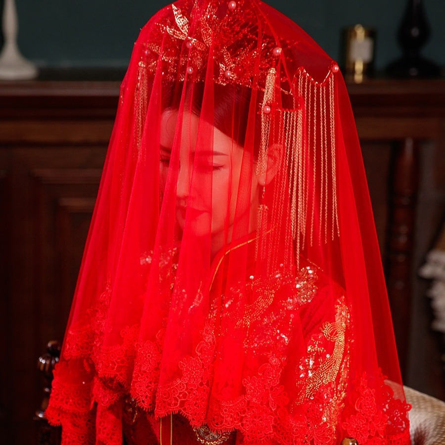 红盖头新娘红色头纱中式秀禾古风半透明蕾丝结婚红纱出嫁纱巾