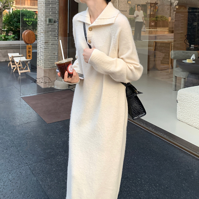 Korean Style Autumn and Winter New Lazy Wind Knitted Dress Women's Button Lapel Loose Long Pullover Woolen Skirt Outer Wear