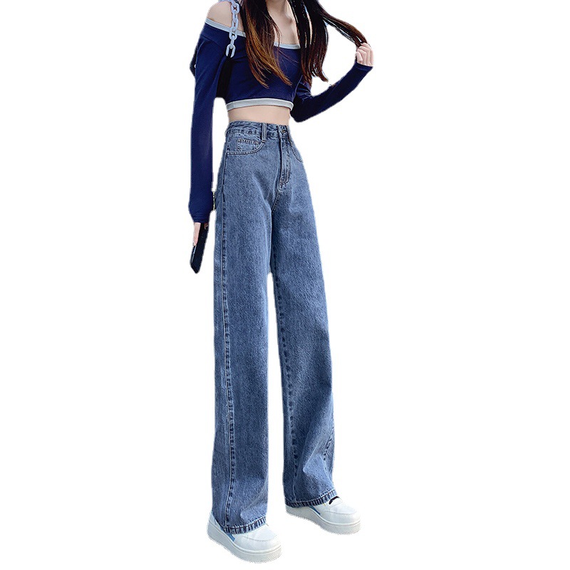 High Waist Straight Jeans Women's Autumn and Winter Retro Small Loose Slimming High All-Match Wide Leg Mop Pants
