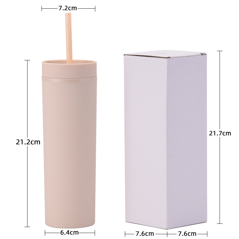 Cross-Border Spot Skinny Double-Layer Plastic Cup Custom Simple Rubber Paint Water Cup 16Oz Sealed Straight Straw Cup