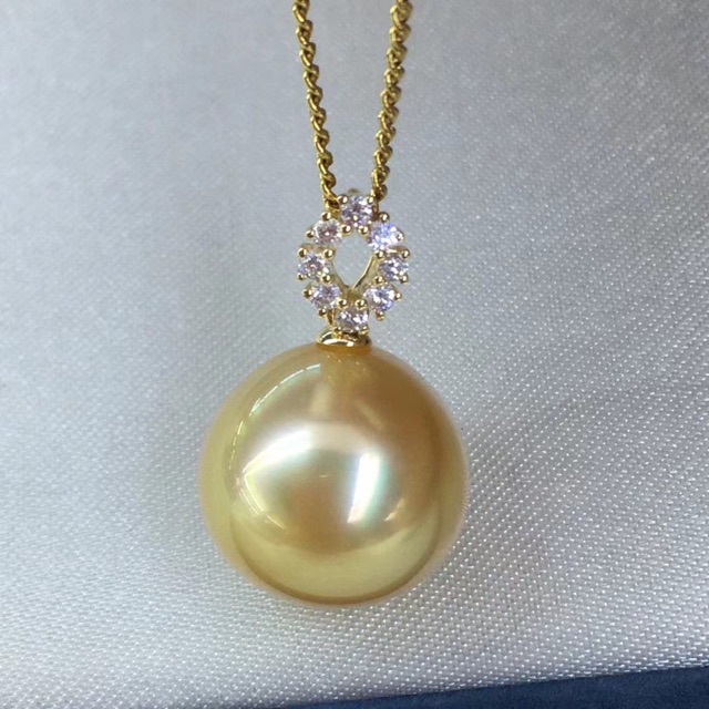 天然海水菲律宾茶金珍珠吊坠13-14mm近圆基本无暇18k金钻石镶嵌