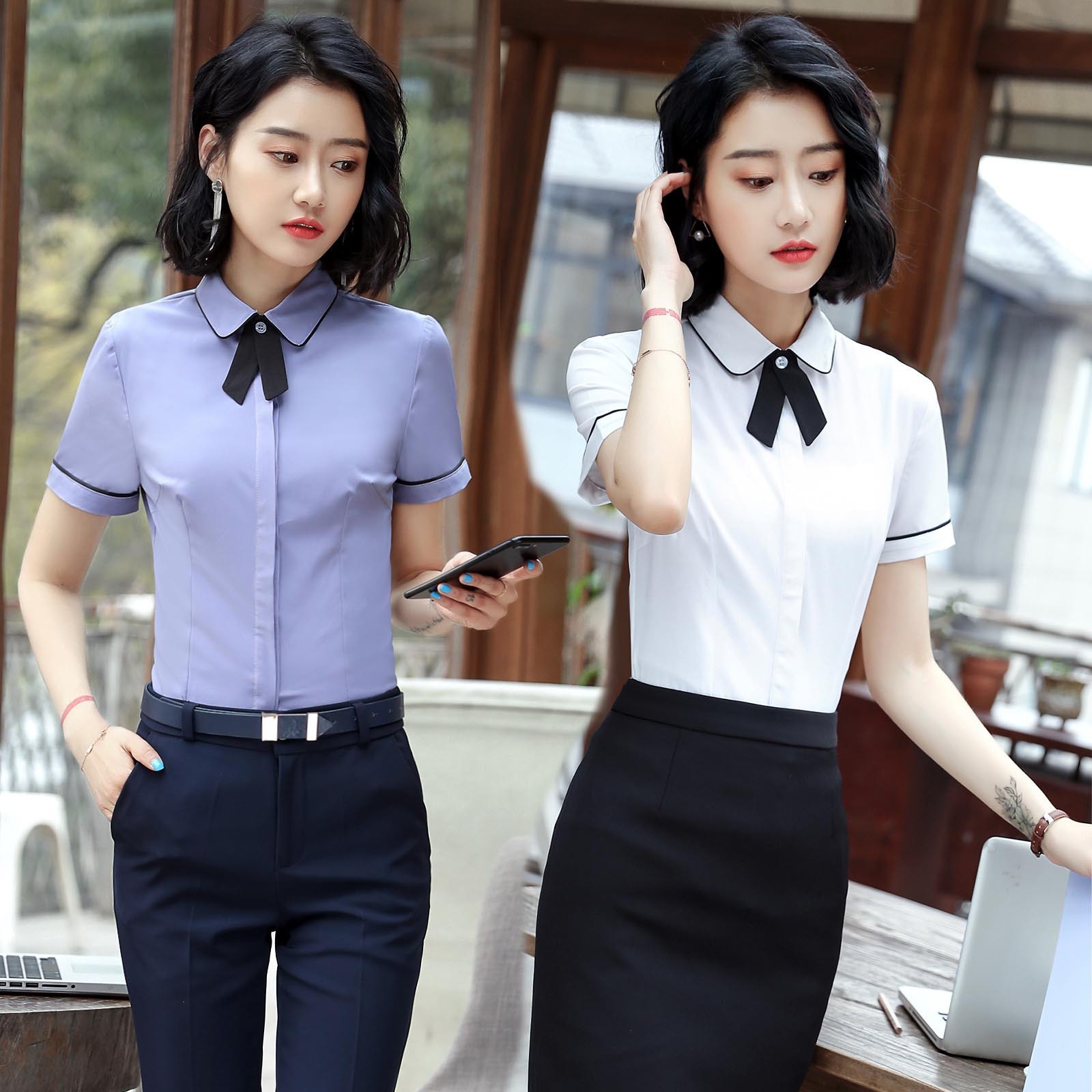 空姐服职业套装衬衫韩版修身酒店前台工作衬衣短袖修身套裙裤子夏