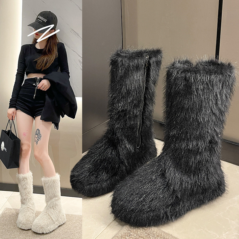 冬季雪地靴女士外穿保暖防滑跨境长毛中筒仿貉子皮草y2k毛毛靴子
