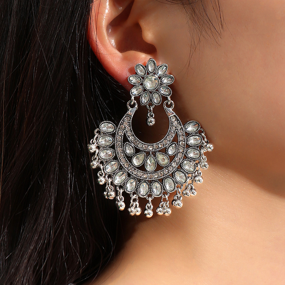 Creative Heavy Industry Antique Silver Diamond-Embedded Bohemian Ethnic Style Indian Fan-Shaped Female Stud Earrings