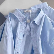 蓝色棉衬衫女长袖2024春装小衫新款别致宽松超好看上衣洋气衬衣