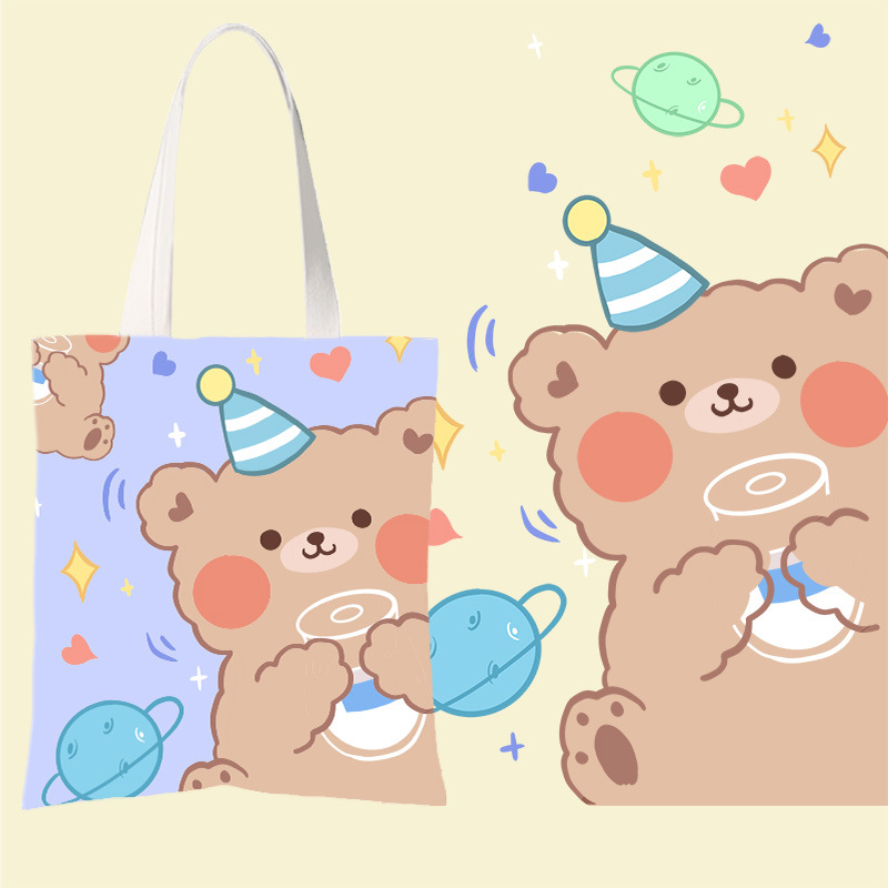 韩版软妹帆布涂鸦卡通小熊学生补课单肩包女大容量学生手提购物袋