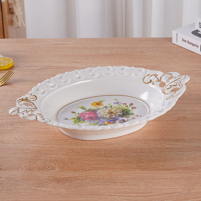 Oval Melamine Fruit Plate Imitation Porcelain Candy Plate with Seat Detachable Retro Hollow Lace Plate Living Room European Fruit Plate