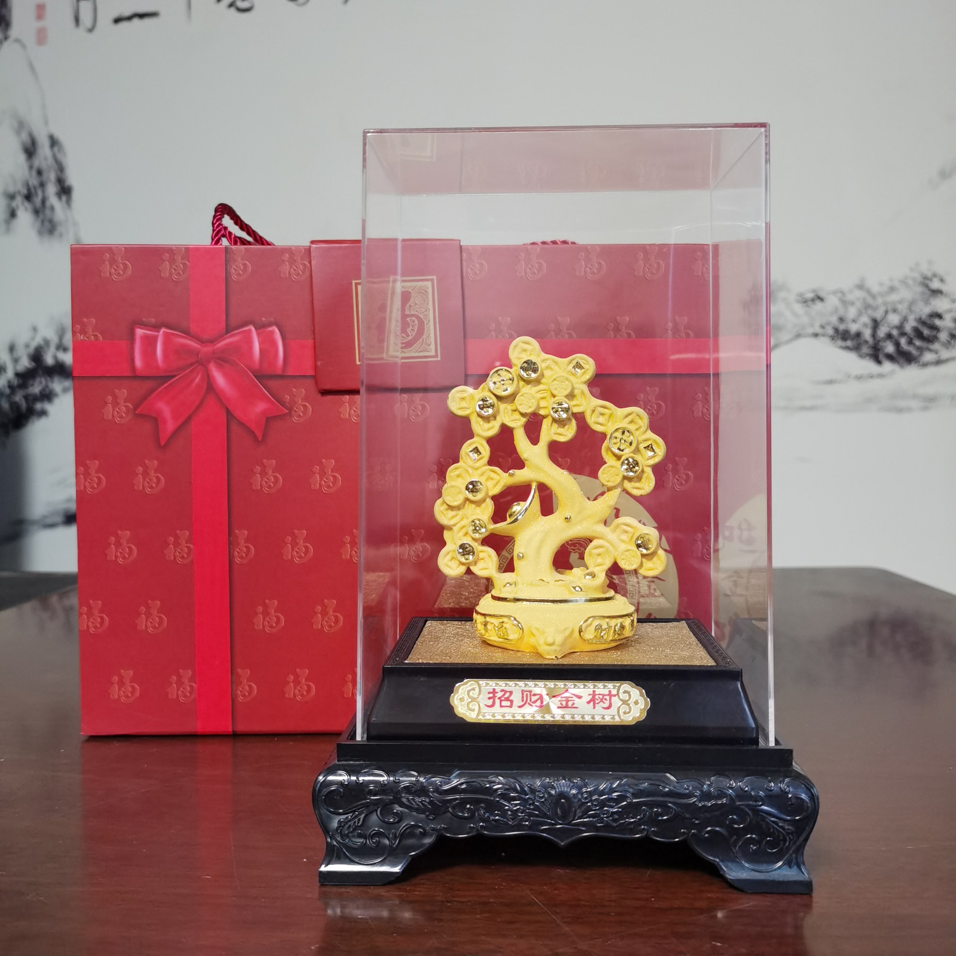 招财树摆件绒沙金装饰品金店礼品纪念品树脂喷金工艺厂家金玉满堂