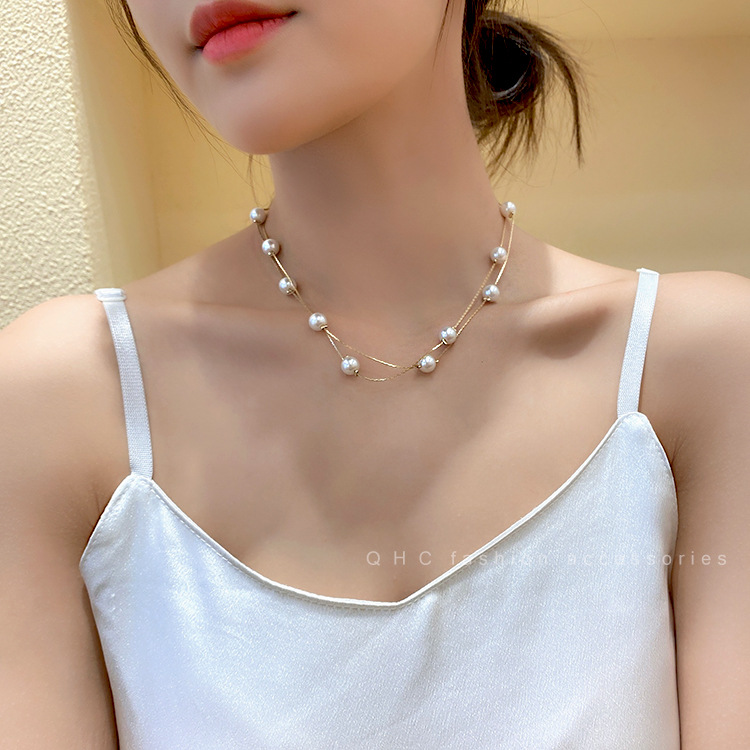 双层叠戴珍珠chocker锁骨链韩国简约长款项链女2021年新款潮配饰