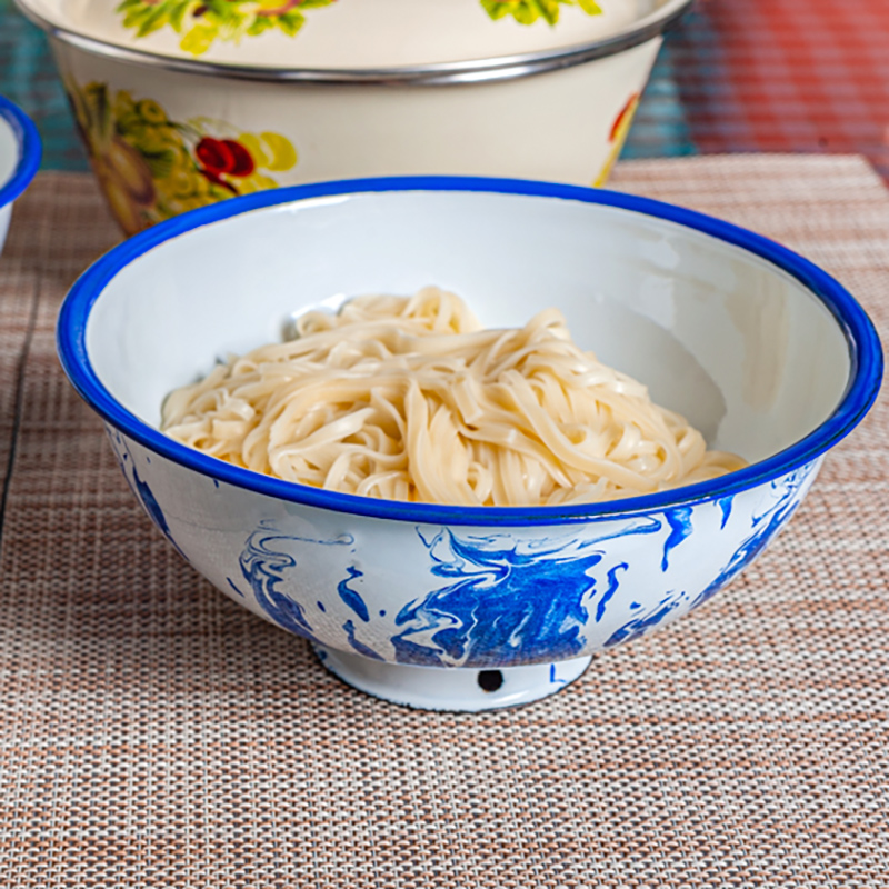 批发国潮高颜值搪瓷大面碗耐高温油泼面碗蒸饭碗珐琅彩民工泡面碗
