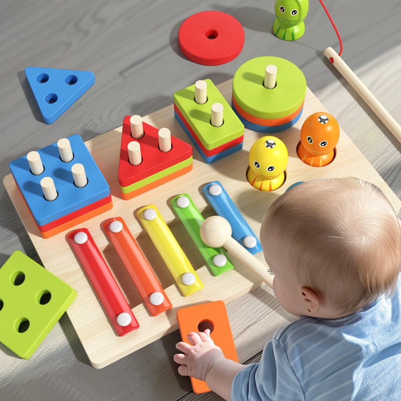 跨境儿童木制玩具钓鱼套柱敲琴三合一手眼协调形状颜色认知玩具