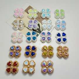 双面镶钻四叶草水晶合金可穿绳直孔珍珠DIY手机钥匙扣项链配件