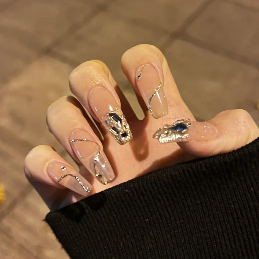 厂家热销新款金粉镶钻冰透色芭蕾甲 超薄成品可拆卸假指甲穿戴甲