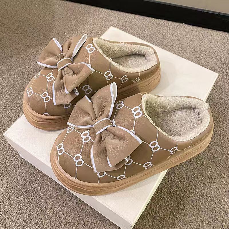 2023 New Women's Winter Thick-Soled Cotton Slippers Home Indoor Girl Fleece-lined Warm Feeling of Shit Bowknot Princess