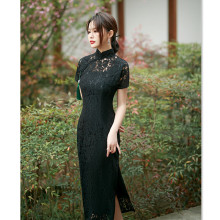黑蕾丝长款短袖两件套旗袍2022春夏新款时尚改良端庄大气日常旗袍
