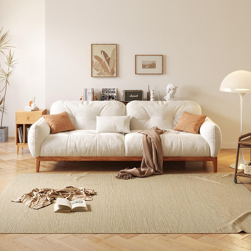 日式实木云朵沙发奶油白原木风科技绒小户型客厅三人简约布艺沙发