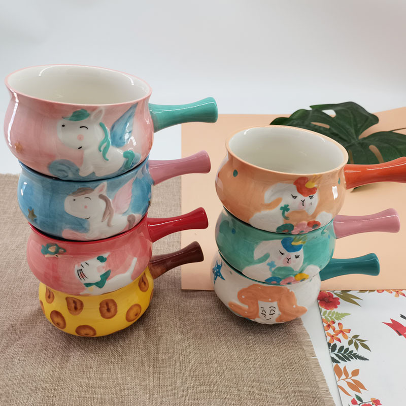 Cartoon Handle Bowl Unicorn Breakfast Bowl Single Handle Small Milk Boiling Pot Microwave Oven Underglaze Color Household Ceramic Tableware