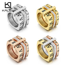 欧美风个性多环方形组合指环 时尚潮人镶钻罗马数字不锈钢戒指