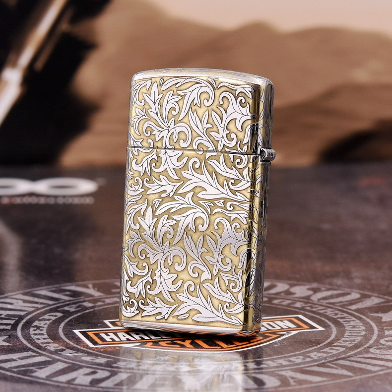 zippo 1605 1610纤巧窄机 镀铬双色精雕 新细花唐草(右下标)