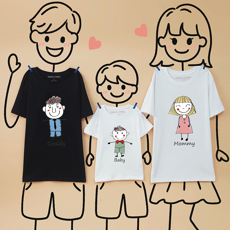 亲子装夏装一家三四口男童女童全家庭装卡通个性2022新款短袖恤
