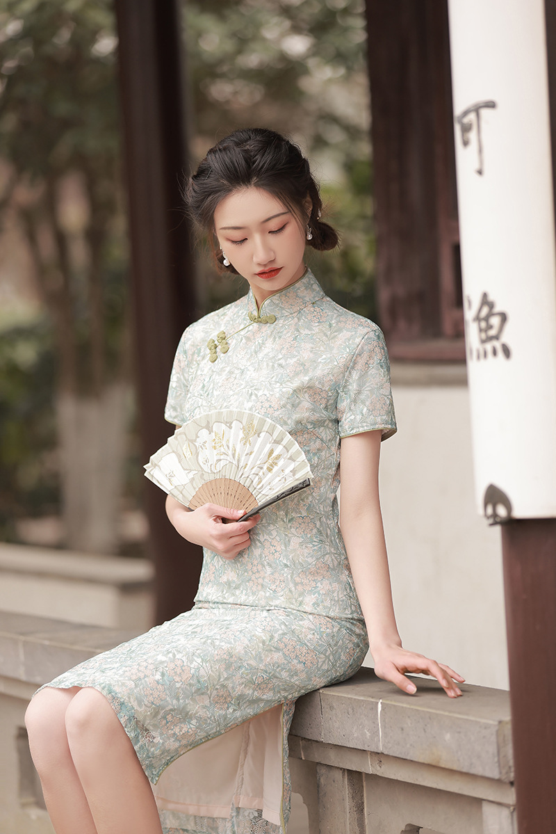 双层幻彩提花蕾丝改良少女旗袍小清新民国风学院风青春旗袍连衣裙