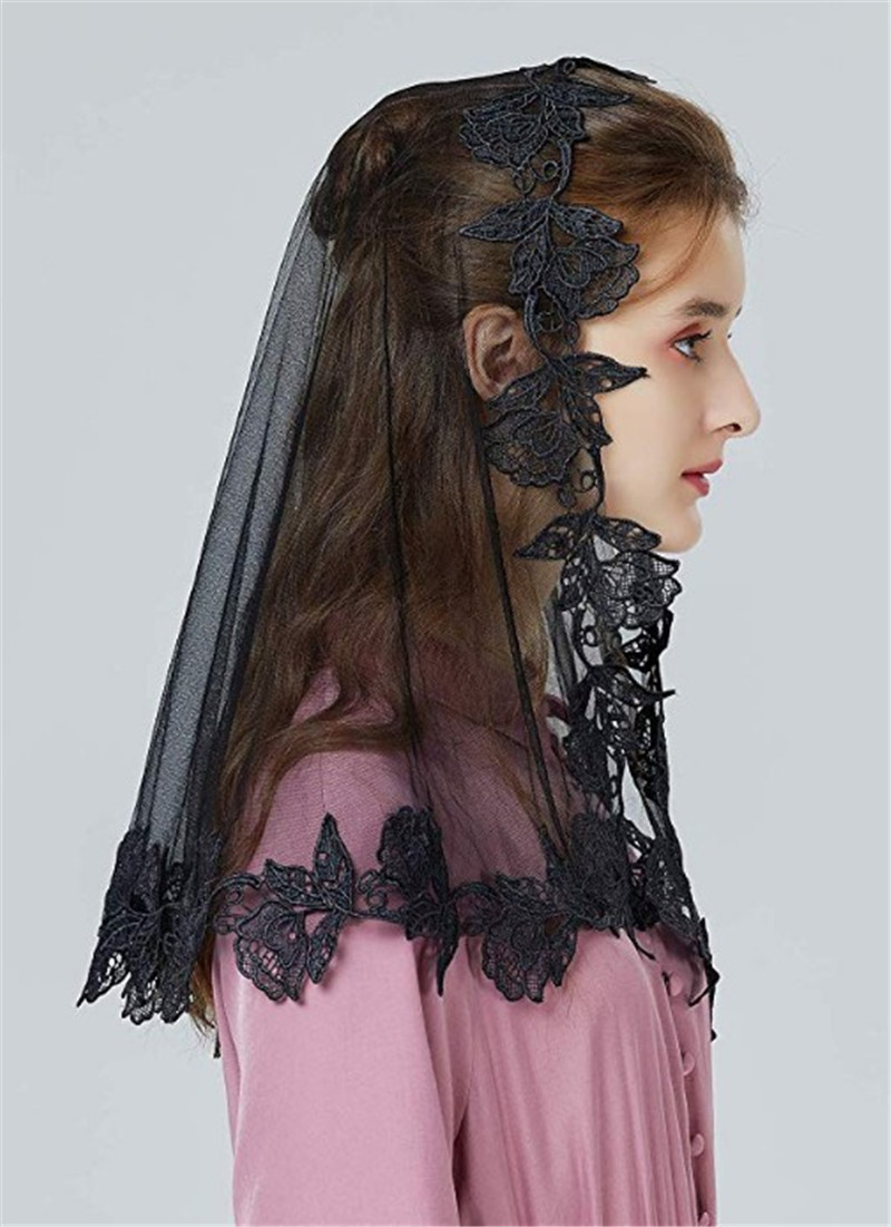 唯色黑色穆斯林新娘面纱水溶花边头纱欧美婚礼婚纱头巾披肩