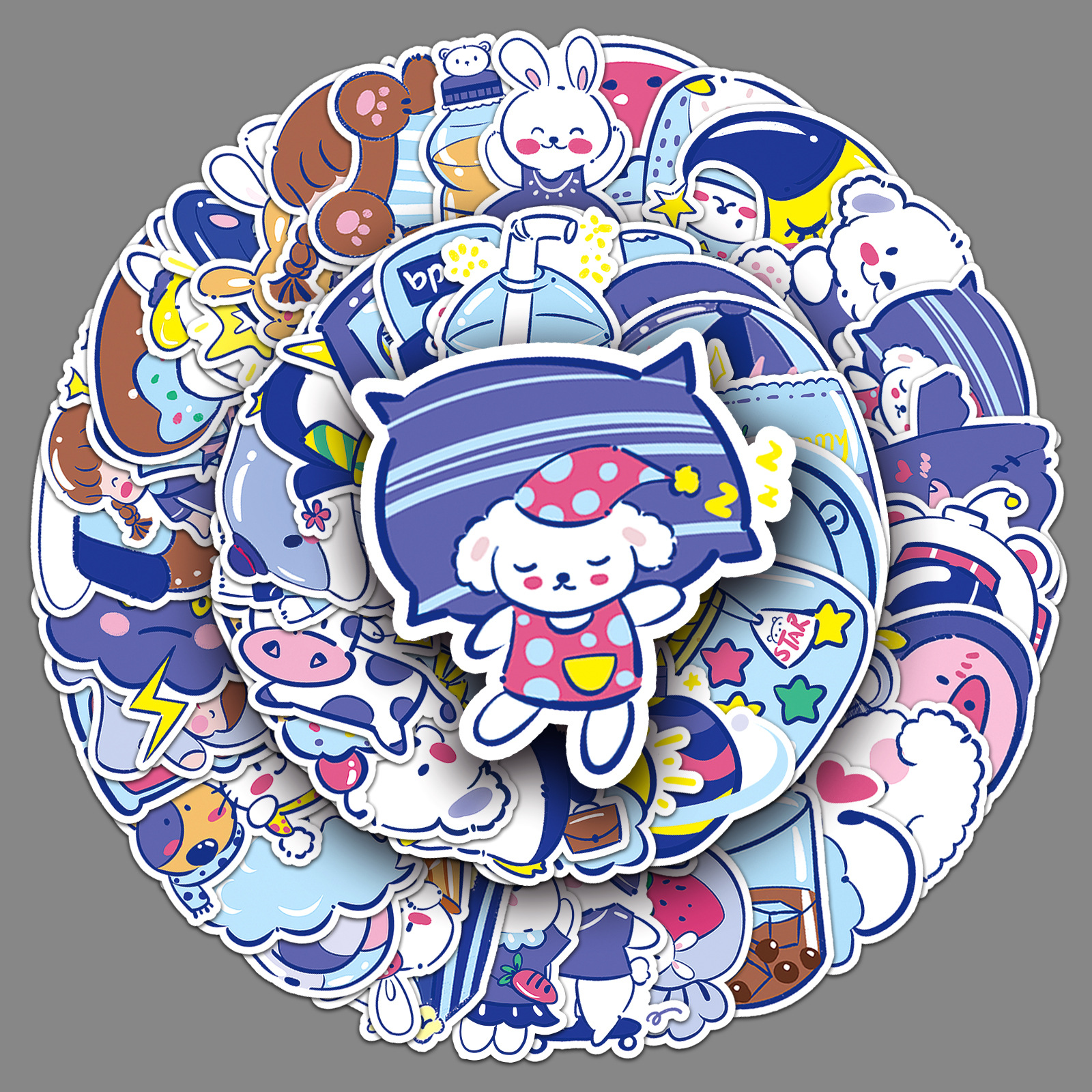 52张原创卡通蓝色系个性卡通手绘儿童奖励咕卡装饰行李箱手机贴纸