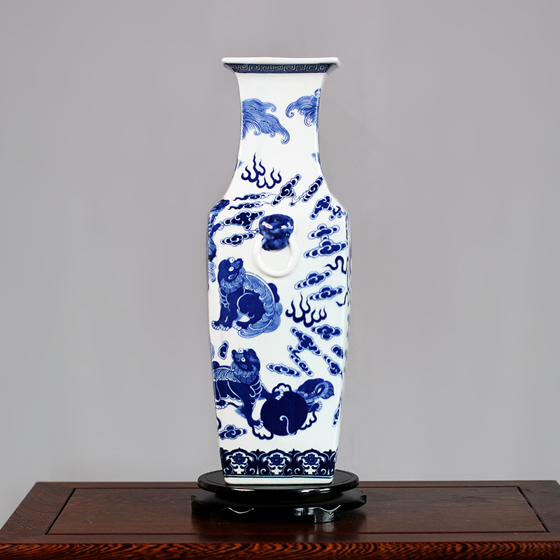 Jingdezhen Ceramic Chinese Style Hand Painted Blue and White Ming and Qing Lion Pattern Double-Ear Square Flower Porcelain Bottle Living Room Hallway Decoration Ornaments