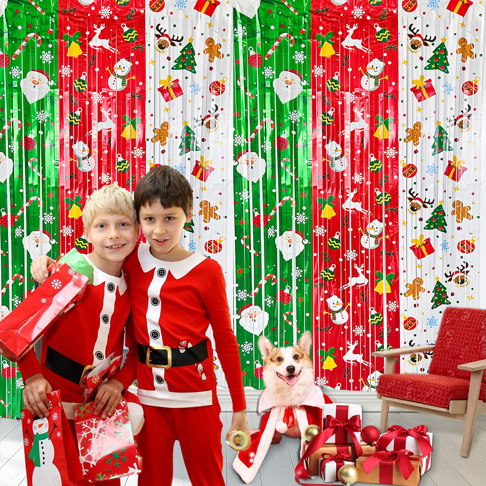 Christmas Party Holiday Decoration Tinsel Curtain Santa Snowman Christmas Tree Rain Silk Door Curtain Silk-Rain Curtain for Parties Tinsel Curtain