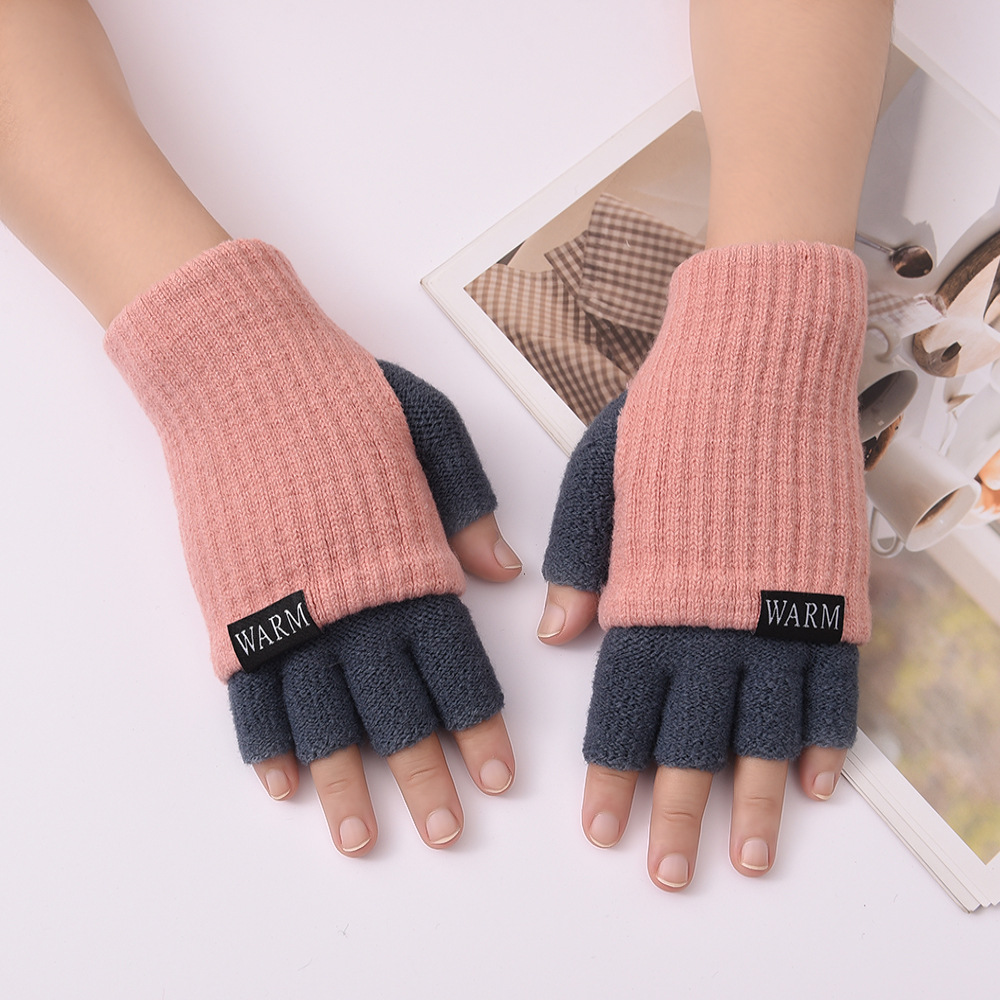 半指手套女冬双层加厚保暖韩版可爱学生写字毛线五指漏指手套工作