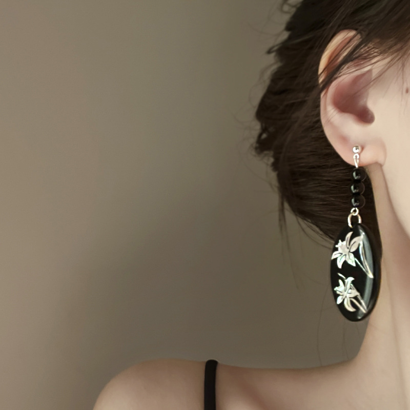 Silver Needle New Chinese Style Black Bamboo Flower Pearl Tassel Earrings Elegant All-Match Earrings High-Grade Earrings for Women