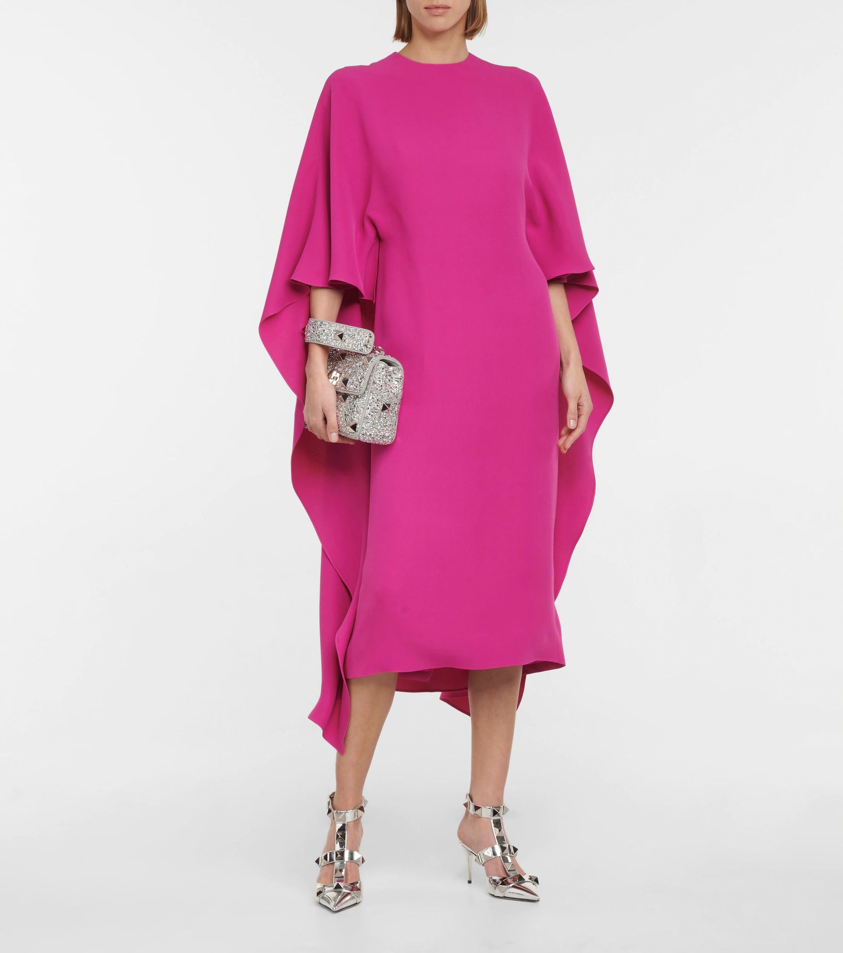 丽朵服饰2022春秋欧美气质通勤玫红色宽松蝙蝠式套头连衣裙