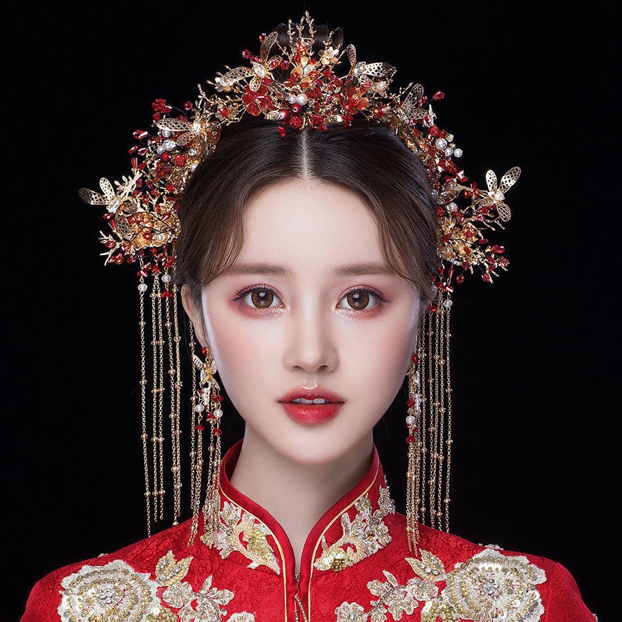 秀禾头饰中式结婚配饰大气秀禾服发饰短发圆脸新娘妆复古流苏凤冠