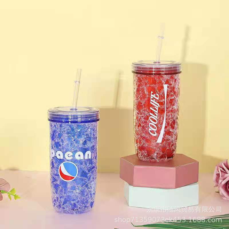Cross-Border Direct Supply Fashion Plastic Ice Cup Summer Internet Celebrity Ice Cup Creative Cans Double-Layer Plastic Straw Cup