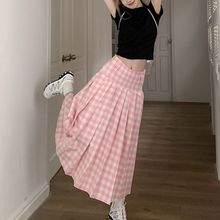 粉色格子半身裙女夏季新款高腰显瘦字百褶裙设计感小众长裙裙子