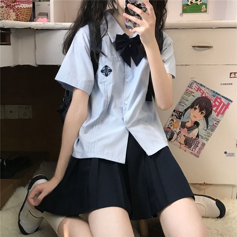 jk制服套装辣妹新款jk衬衫短袖夏季蓝色显瘦韩系百褶裙学院风上衣