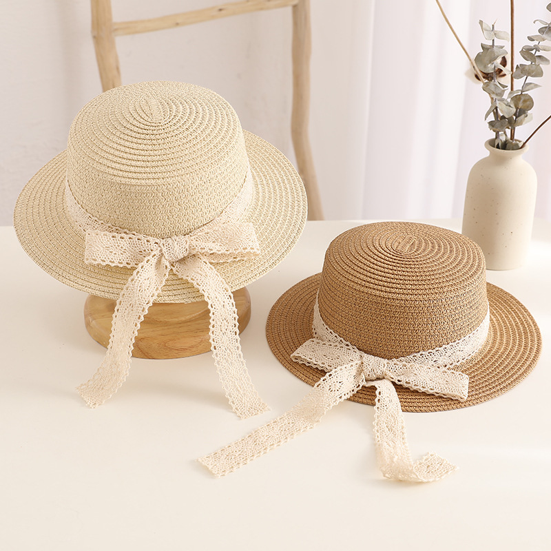 Internet Famous Lace Bow Straw Hat Baby Sunhat Girls Beach Hat British Trendy Top Hat Flat Top Sun Hat