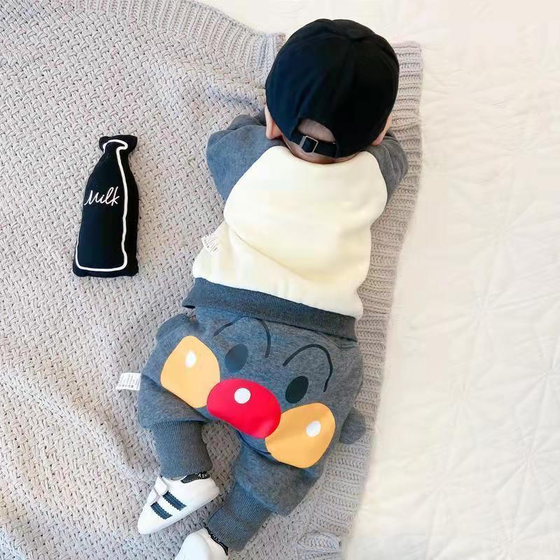 婴儿秋冬加绒套装外穿卡通可爱超萌洋气男宝宝衣服卫衣两件套冬装