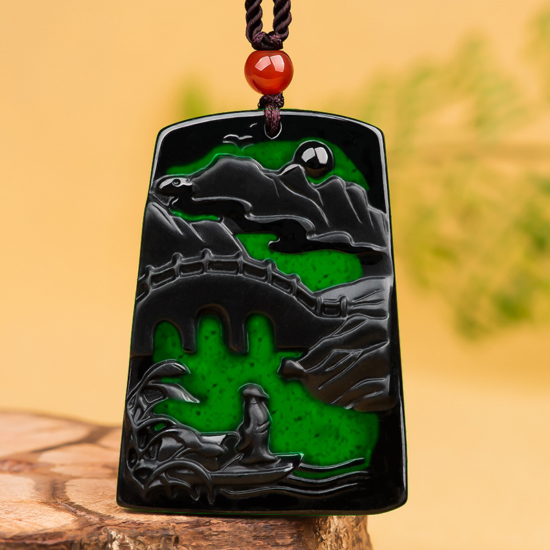 天然墨翠a货翡翠墨玉山水牌玉石吊坠挂件玉佩男女款四会玉器批发