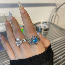 蓝色爱心珍珠开口戒指女ins潮高级感食指戒小众设计时尚个性指环
