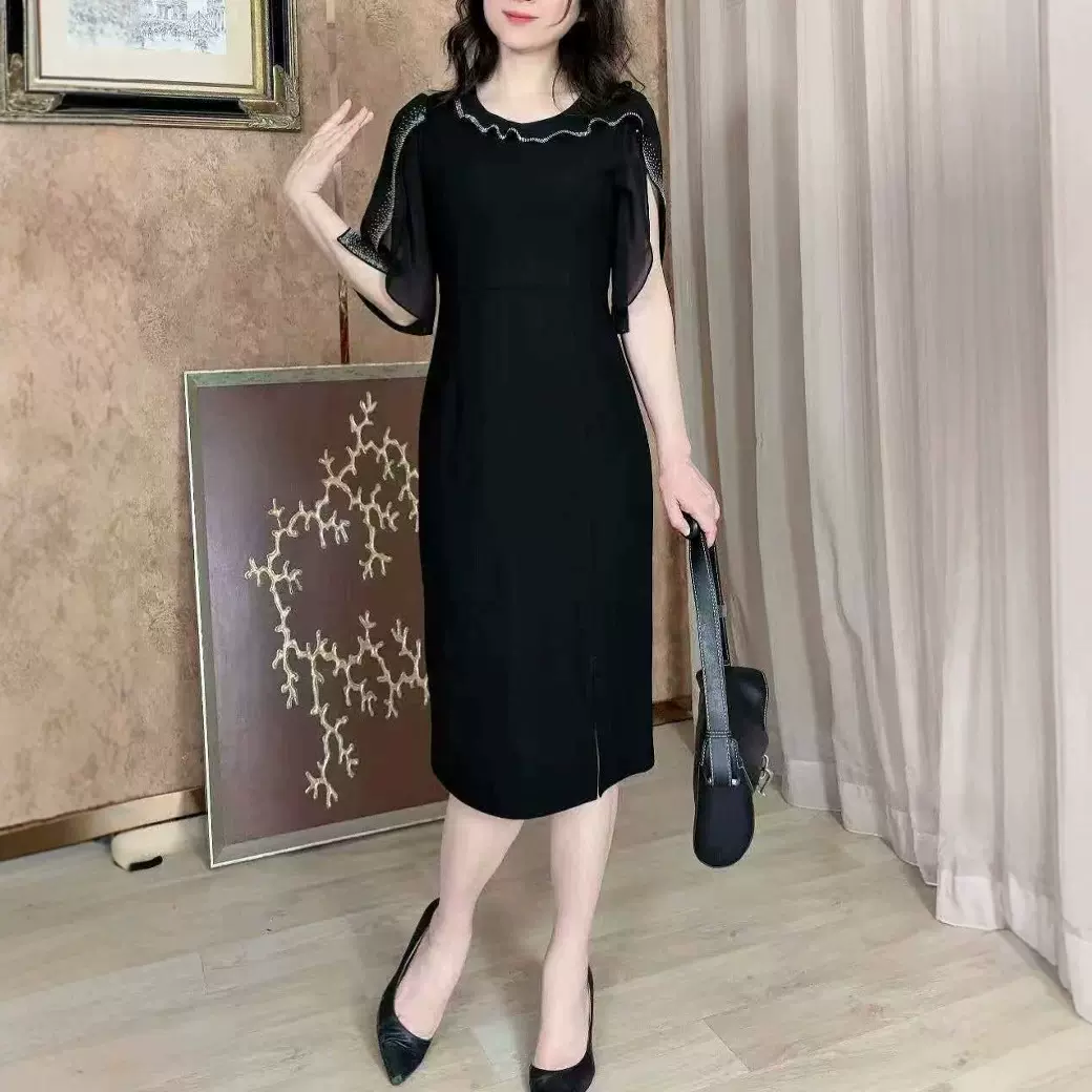 跨境女装东南亚越南轻礼服连衣裙水钻黑色直身裙夏修身短袖显瘦