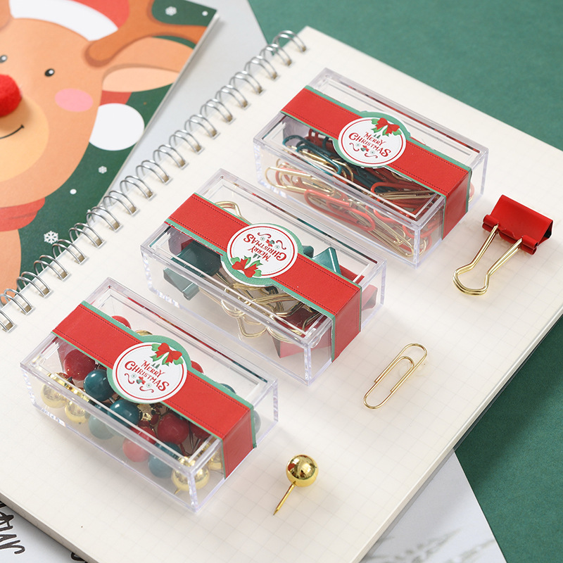 Amazon Christmas Small Square Box Office Binding Stationery Gift Ins Style Red Green Gold Clip Ticket Holder Pushpin