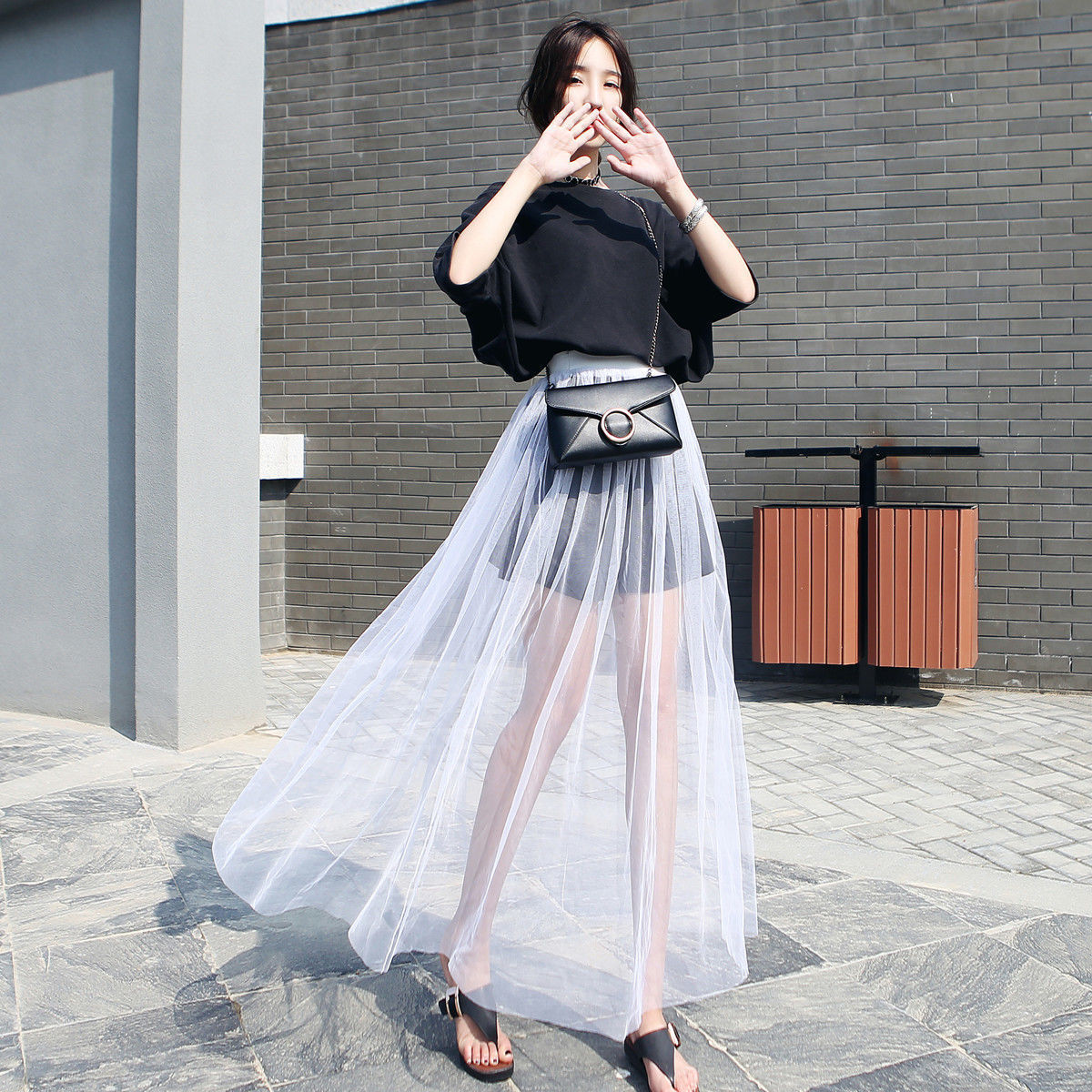 夏季超薄透视网纱纱裙半身裙高腰外搭透明单层罩裙长裙