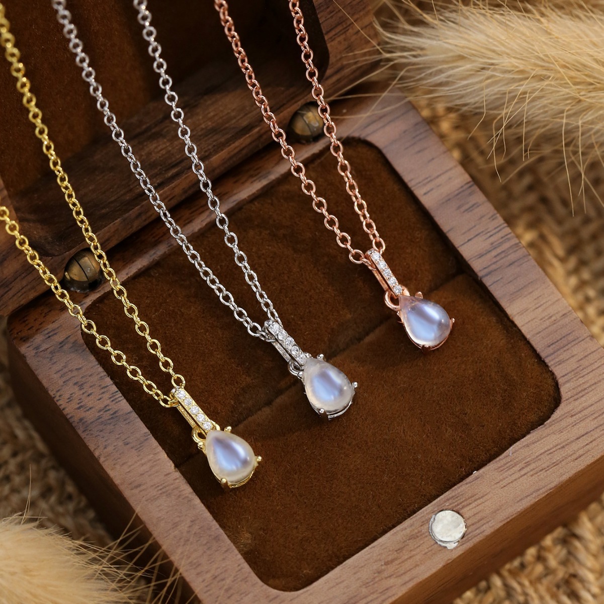 欧美速卖通复古s925银水滴月光石吊饰6月诞生石项链亚马逊首饰女