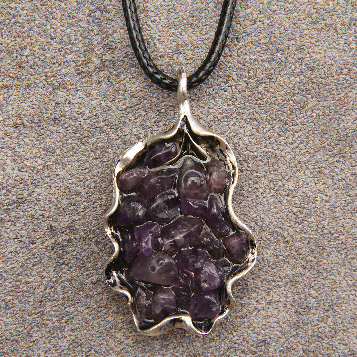 复古镶嵌碎石首饰 珊瑚石树叶古银项链棉麻布衣挂件 长款毛衣链女