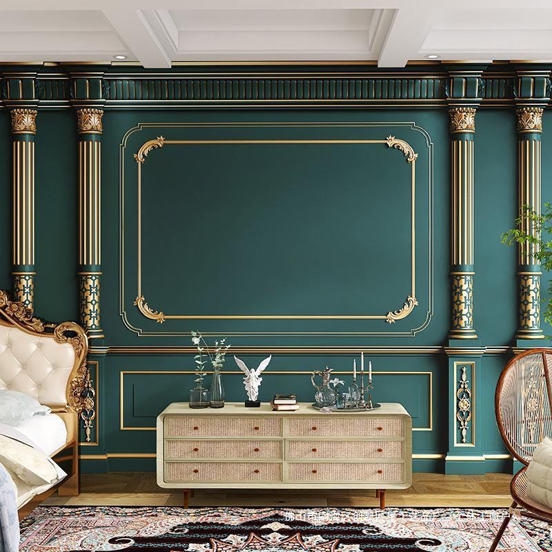 石膏线服装店电视背景墙壁纸墨绿色墙纸北欧爱马仕直播间客厅轻奢