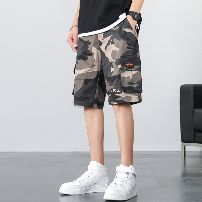 夏季纯棉迷彩五分裤短裤男沙滩裤休闲运动工装裤外穿宽松七分中裤